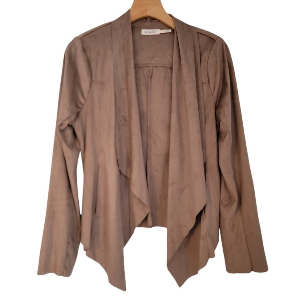 Blu Pepper Jacket Tan Faux Suede Draped Long Sleeve Open Front Size Large